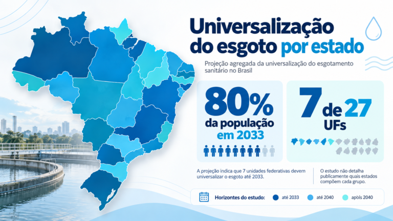Mapa do Brasil dividido por unidades federativas, com estados destacados em tons de azul conforme a previsão de universalização do esgoto até 2033 e 2040