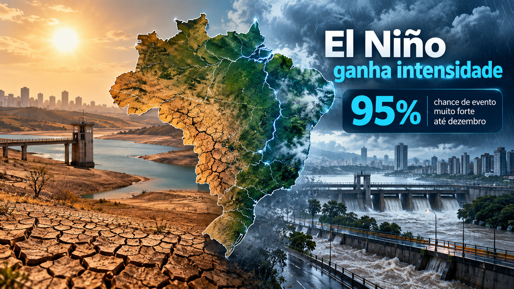 Mapa do Brasil com contraste entre áreas de seca e chuvas intensas, representando os possíveis impactos do El Niño 2026–2027.