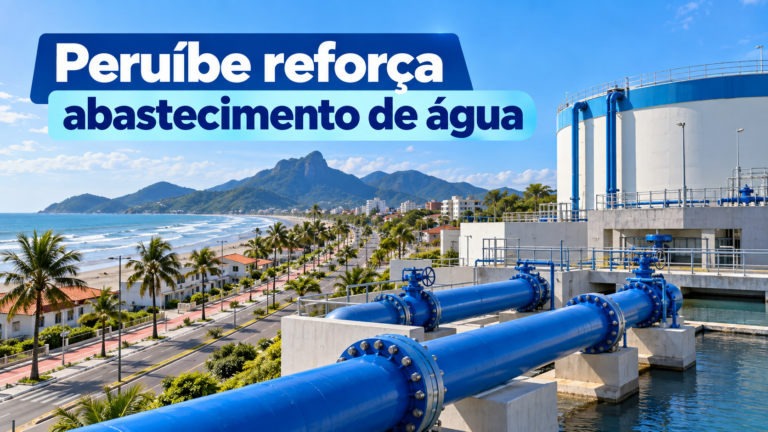 Ilustração de grande adutora de água em construção em área urbana de Peruíbe, representando investimento no reforço do abastecimento.