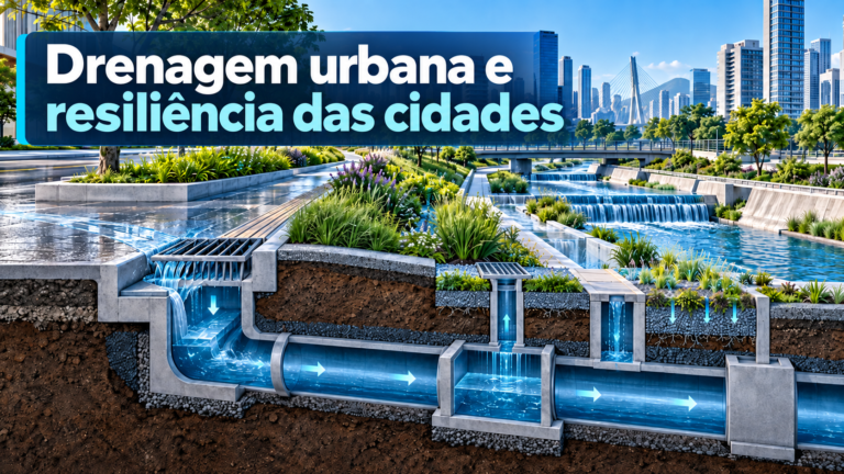 Ilustração de infraestrutura de drenagem urbana com canais, galerias pluviais e áreas verdes em uma cidade.