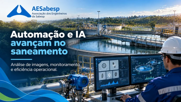Ilustração de estação de tratamento de água com sistemas digitais de monitoramento, automação e análise de dados aplicados ao saneamento.