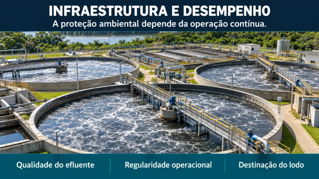 Vista aérea ilustrativa de uma estação de tratamento de esgoto, com tanques e passarelas, destacando qualidade do efluente, regularidade operacional e destinação do lodo.