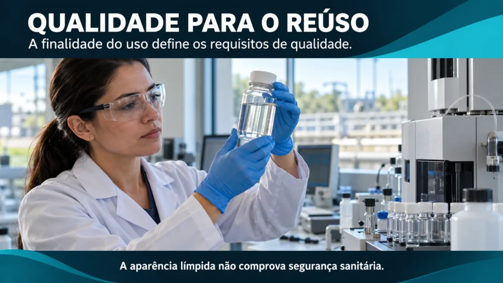 Profissional com equipamentos de proteção observa um frasco de água em laboratório. O card destaca que a aparência límpida não comprova segurança sanitária.