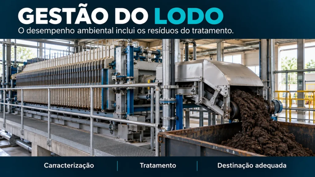 Imagem ilustrativa de equipamento de desidratação de lodo, com material separado sendo encaminhado para um recipiente industrial.