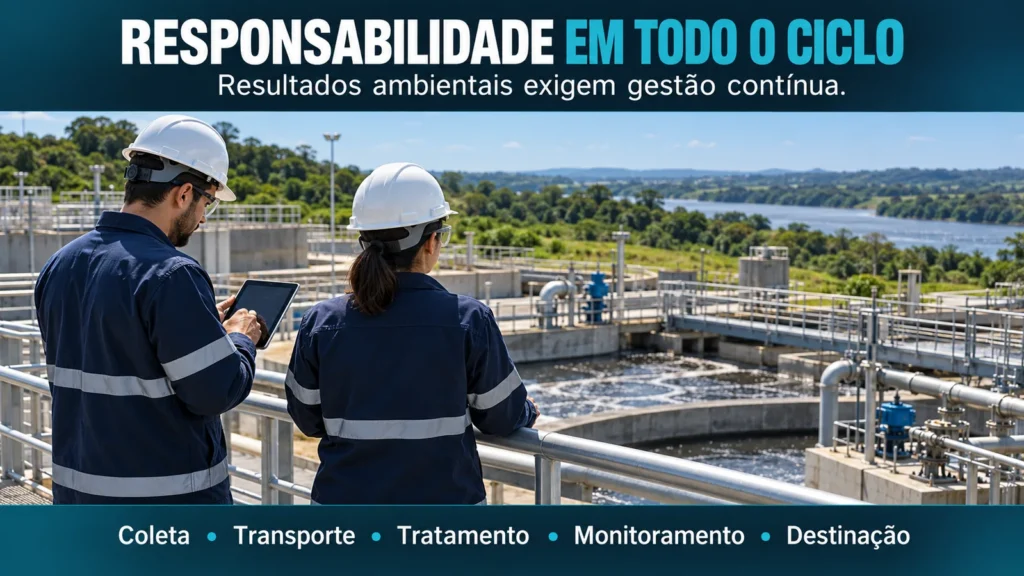 Dois profissionais com capacetes acompanham uma estação de tratamento de esgoto, com tanques e um rio ao fundo.