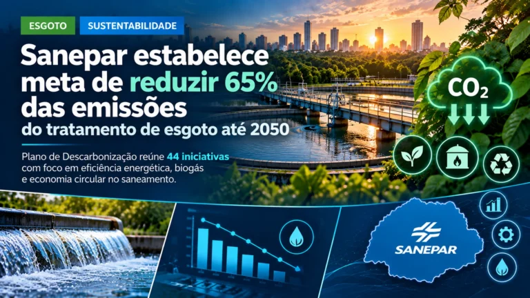 Plano da Sanepar prevê reduzir em 65% as emissões do tratamento de esgoto até 2050, com 44 iniciativas de eficiência energética, inovação e economia circular.