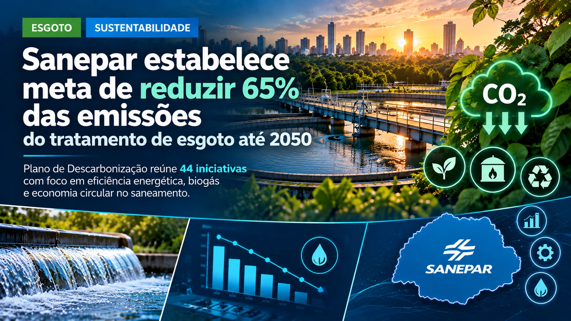 Plano da Sanepar prevê reduzir em 65% as emissões do tratamento de esgoto até 2050, com 44 iniciativas de eficiência energética, inovação e economia circular.