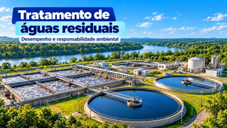 Capa do artigo “Tratamento de águas residuais: desempenho e responsabilidade ambiental”, com vista ilustrativa de uma estação de tratamento de esgoto e um rio ao fundo.