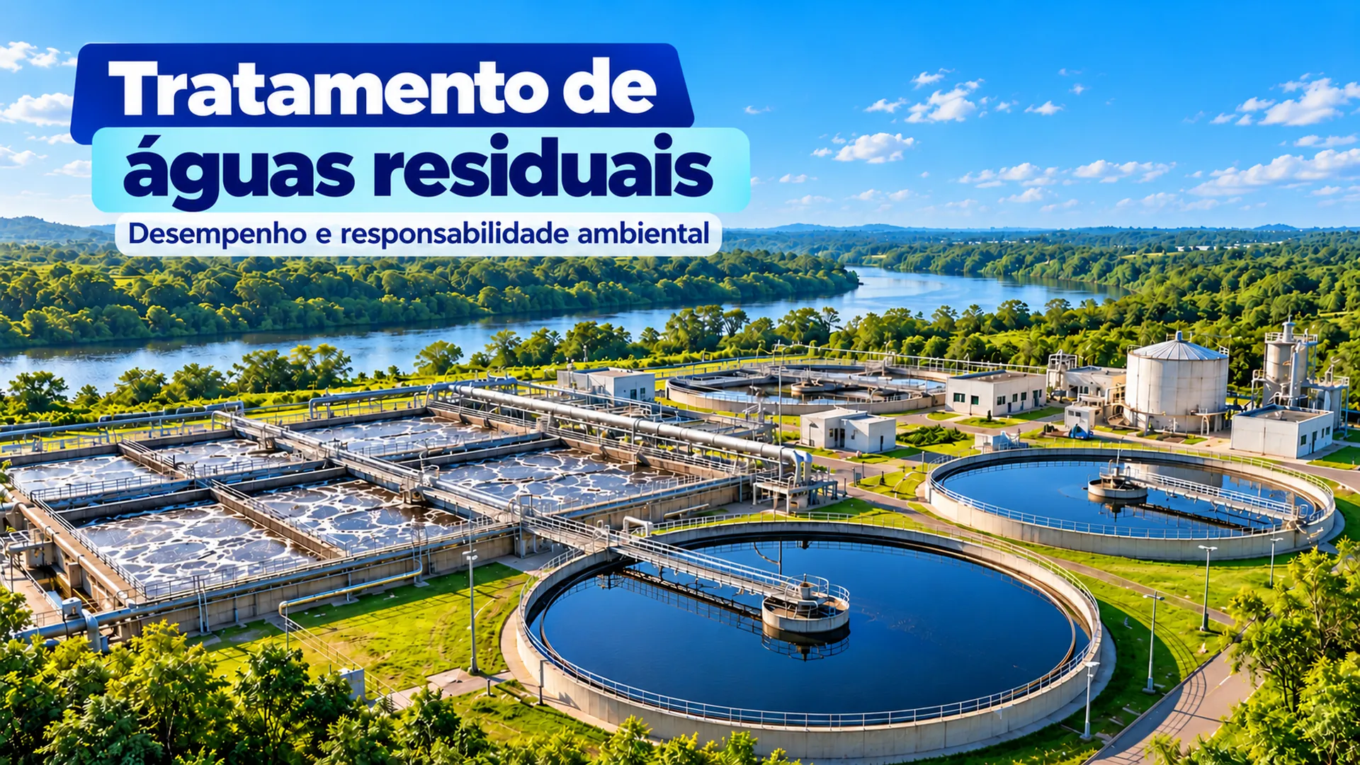 Capa do artigo “Tratamento de águas residuais: desempenho e responsabilidade ambiental”, com vista ilustrativa de uma estação de tratamento de esgoto e um rio ao fundo.